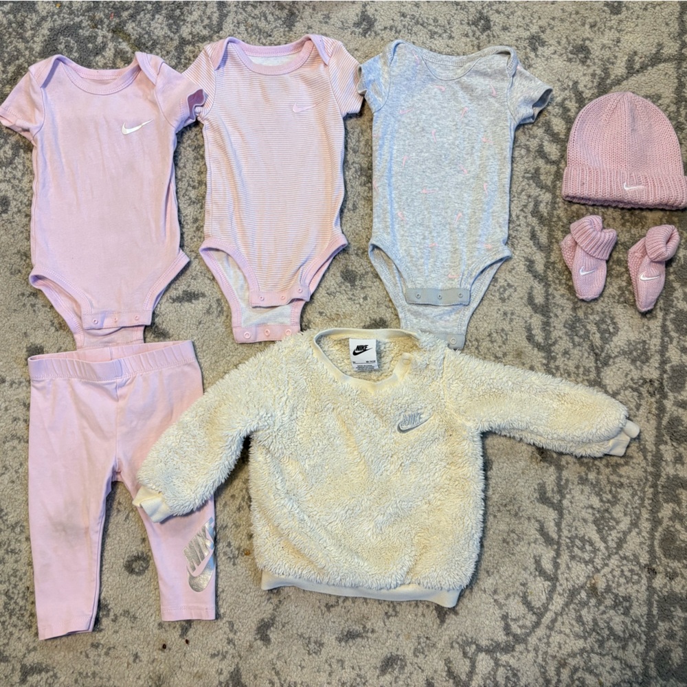 Nike baby girls, bodysuits pants, hat, booties, and fleece